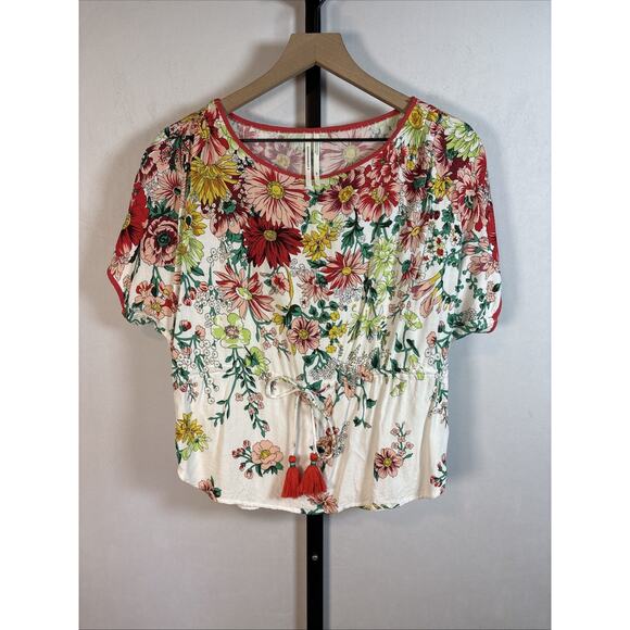 Anthropologie Tops - Anthropologie Floral Drawstring Blouse Womens XS Colorful Tassel Boho Peasant